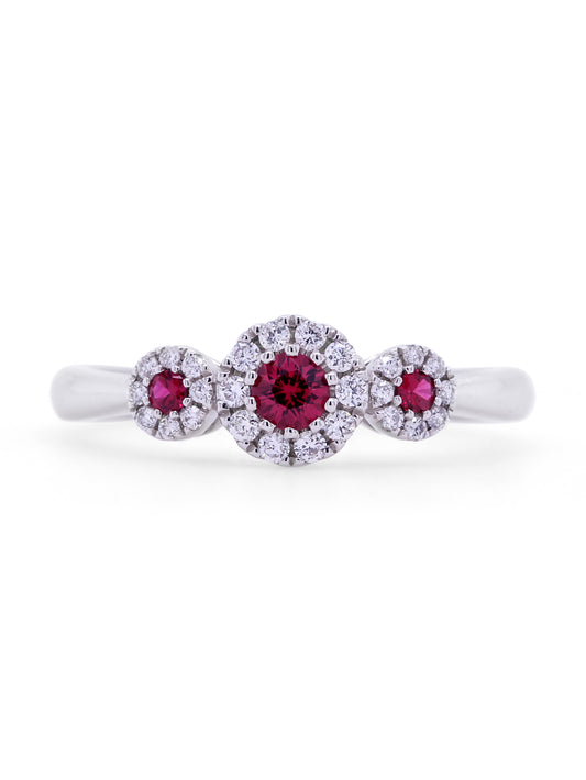 Ruby & Diamond Halo Trilogy Ring, 18K White Gold.