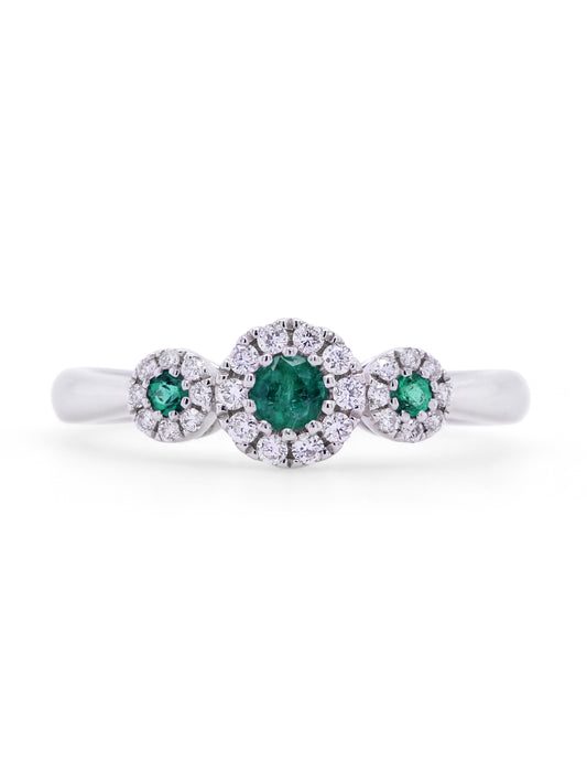 Emerald & Diamond Halo Trilogy Ring, 18 Carat White Gold.