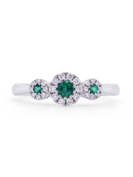 Emerald & Diamond Halo Trilogy Ring, 18 Carat White Gold.