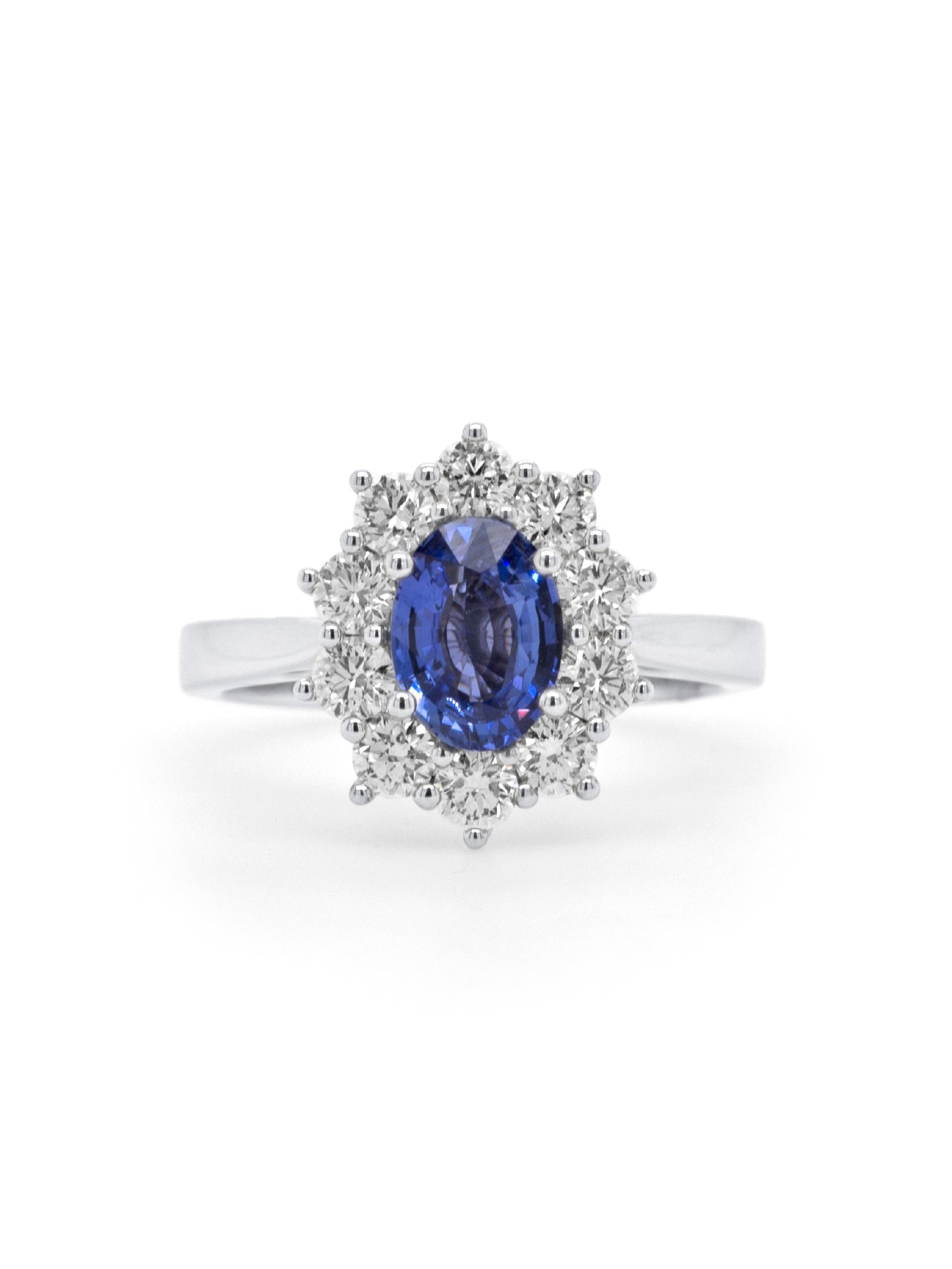 Sapphire Oval 8.05x5.9mm 1.32ct, T=0.94ct Diamond Ring, 18K White Gold