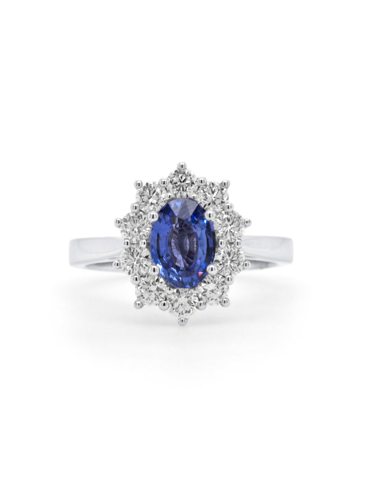 Sapphire Oval 8.05x5.9mm 1.32ct, T=0.94ct Diamond Ring, 18K White Gold