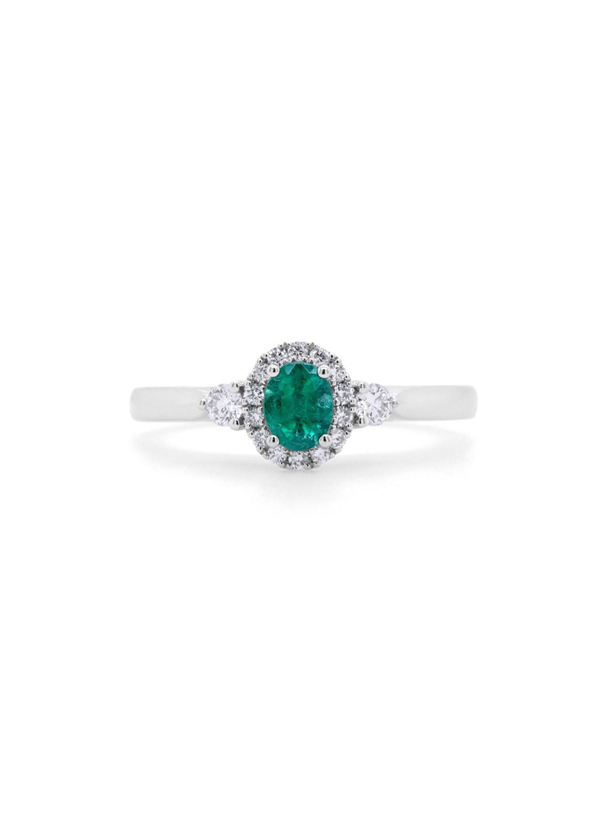 Emerald & Diamond Cluster Ring in 9 Carat White Gold.