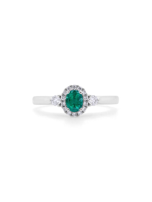 Emerald & Diamond Cluster Ring in 9 Carat White Gold.