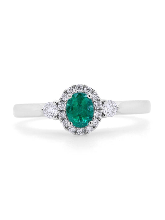 Emerald & Diamond Cluster Ring in 9 Carat White Gold.