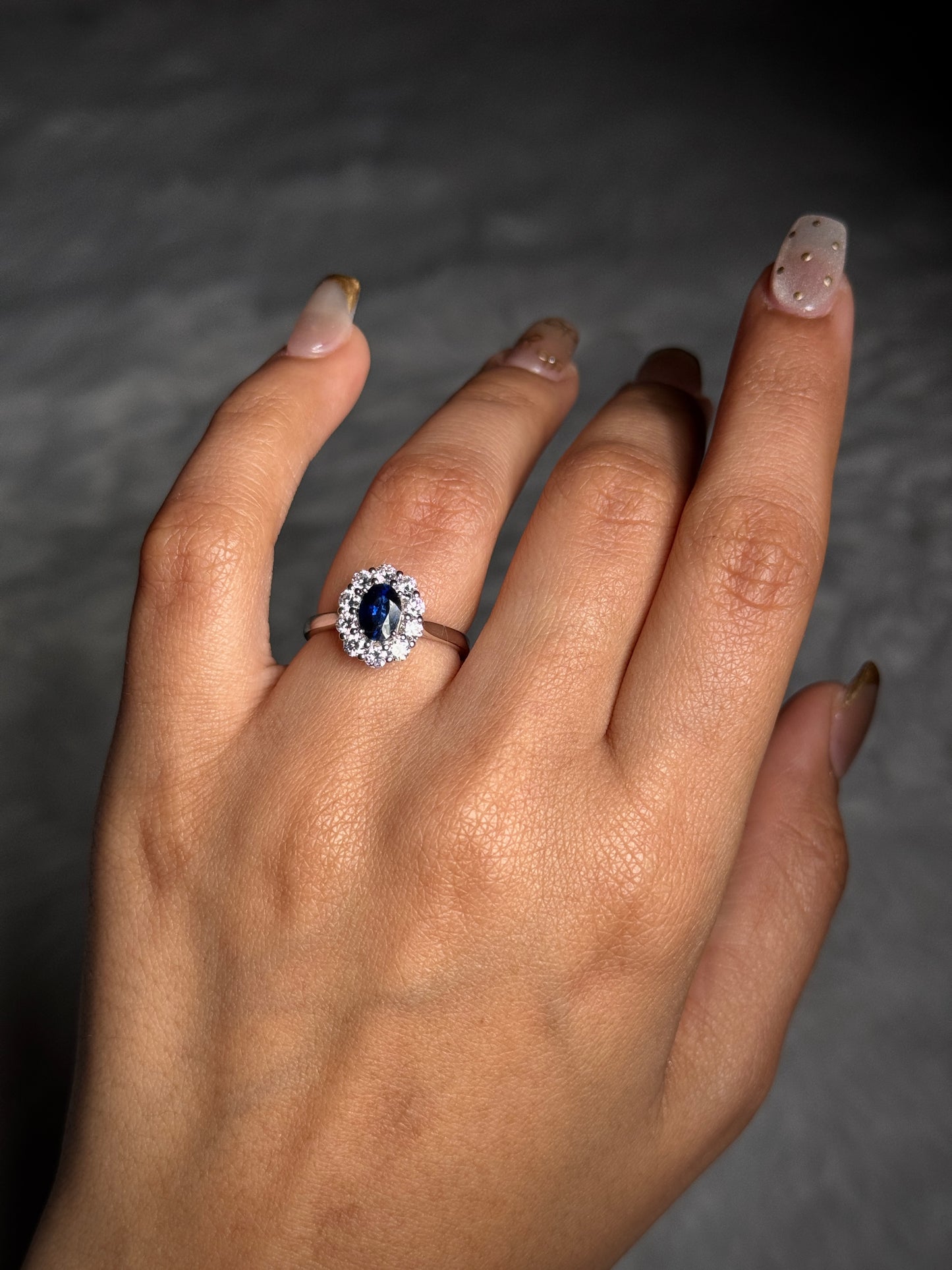 Lab Grown Diamond & Natural Sapphire Cluster Ring in 18K White Gold.