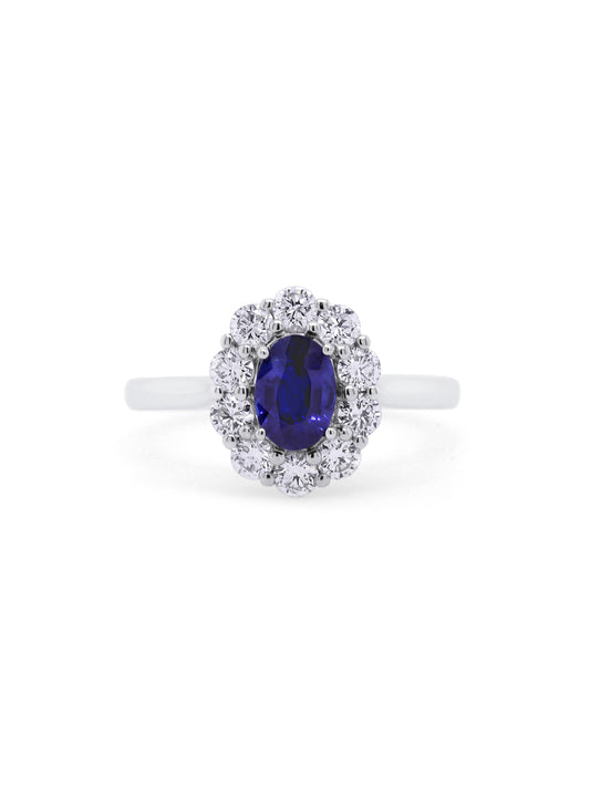 Lab Grown Diamond & Natural Sapphire Cluster Ring in 18K White Gold.