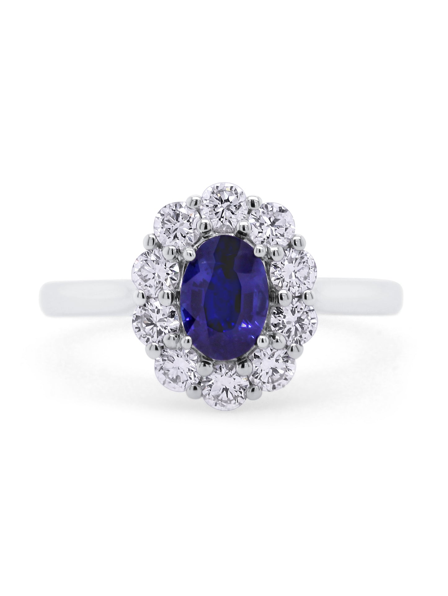 Lab Grown Diamond & Natural Sapphire Cluster Ring in 18K White Gold.