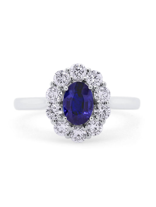 Lab Grown Diamond & Natural Sapphire Cluster Ring in 18K White Gold.