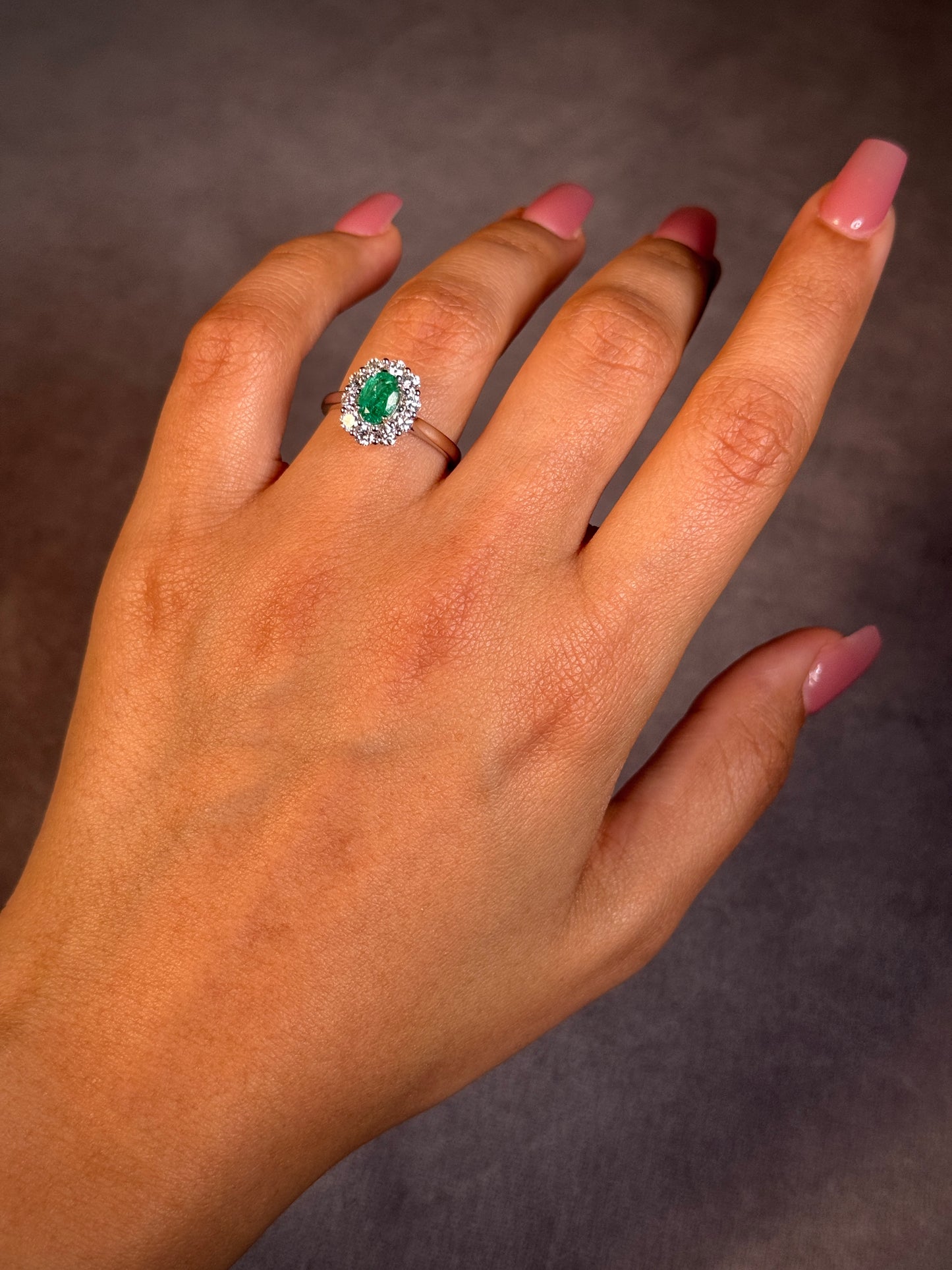 Lab Grown Diamond & Natural Emerald Cluster, 18 Carat White Gold.