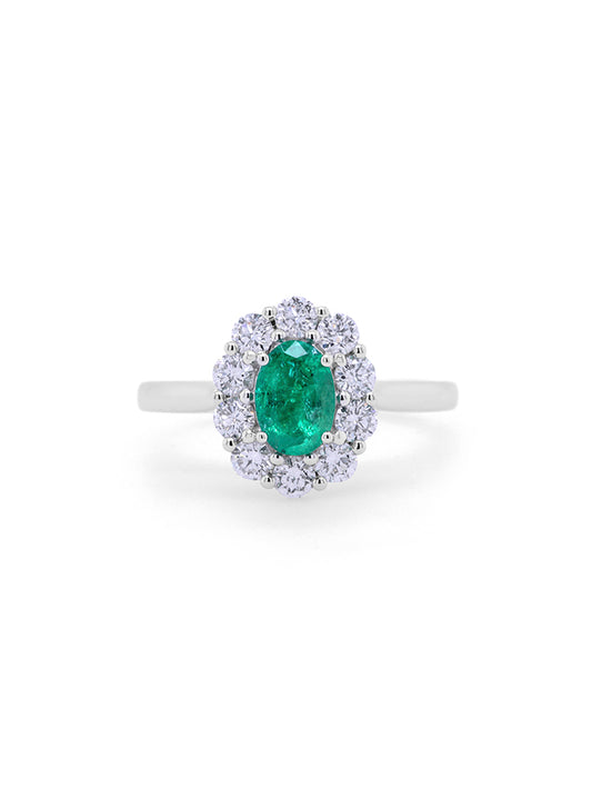 Emerald & Diamond Cluster Ring in 18 Carat White Gold.