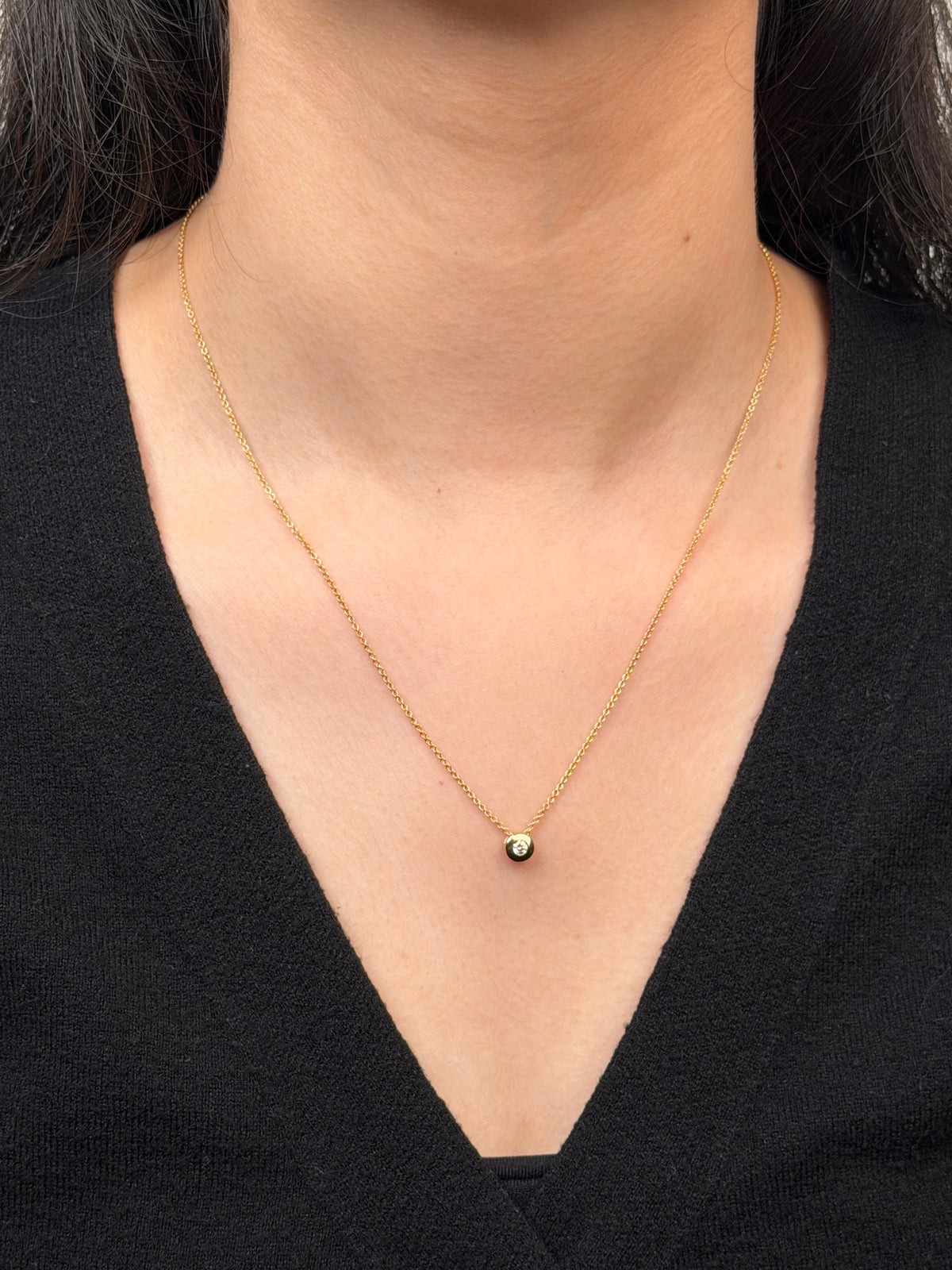 Round Bezel Set 0.08ct Diamond Pendant, 9K YG.