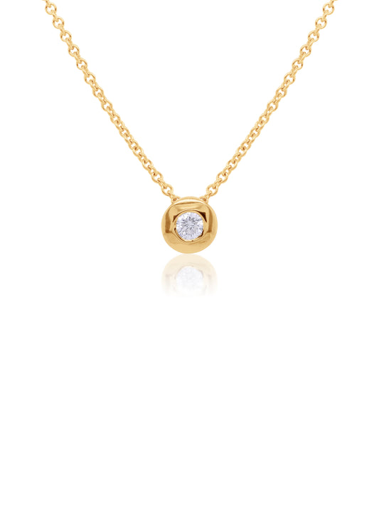 Round Bezel Set 0.08ct Diamond Pendant, 9K YG.