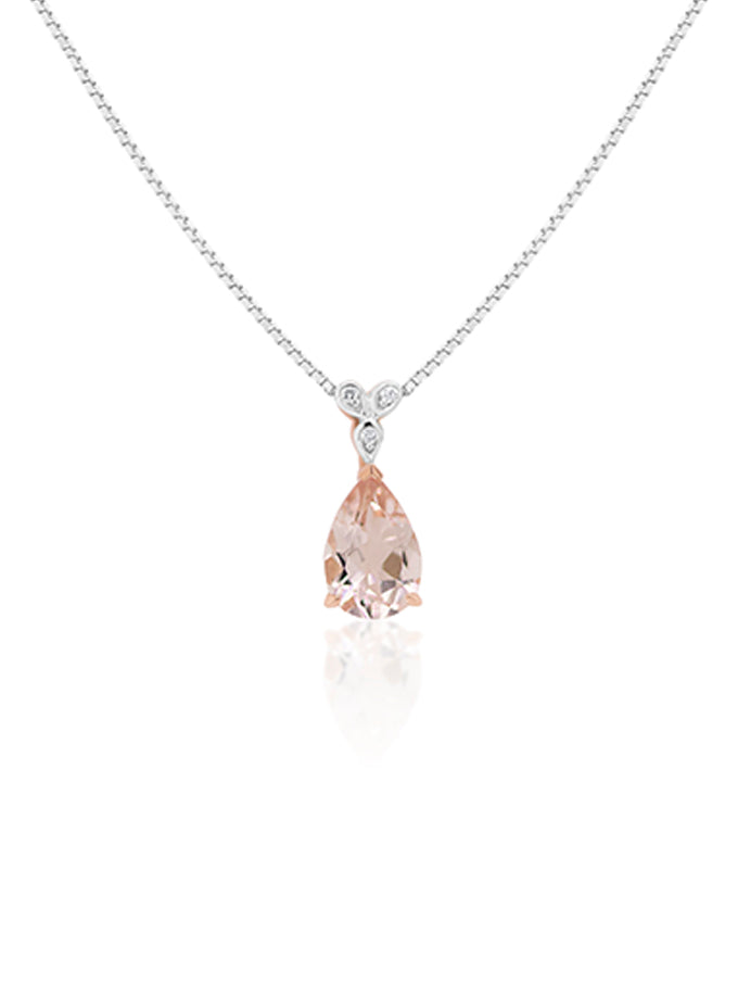 Pear Morganite & Diamond Pendant, 9K Rose Gold (45cm silver chain).