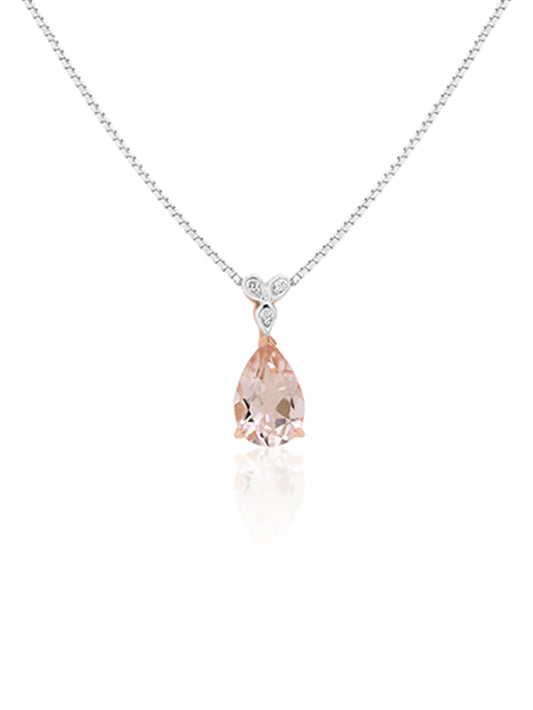Pear Morganite & Diamond Pendant, 9K Rose Gold (45cm silver chain).