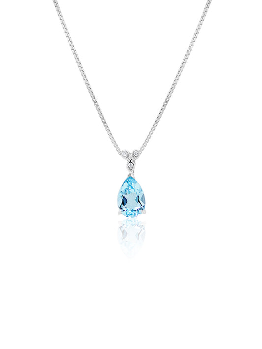 Light Blue 9x6mm Pear Topaz & Diamond Pendant, 9K White Gold
