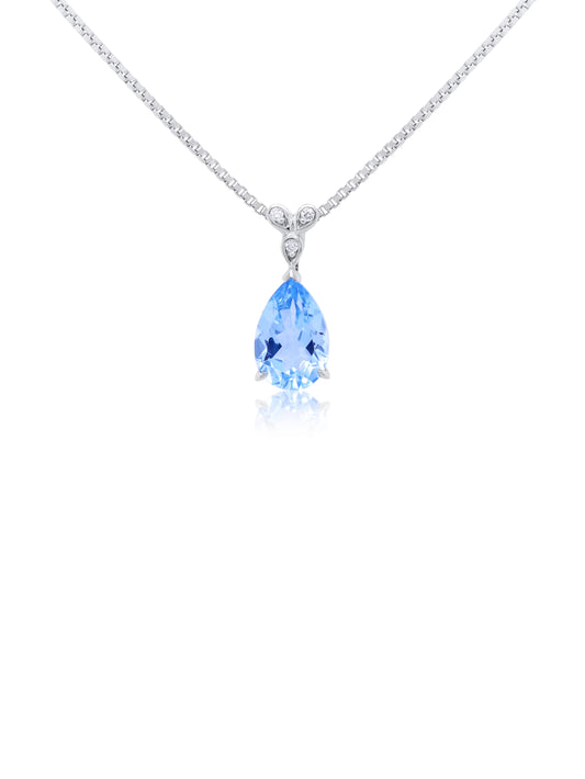 Light Blue 9x6mm Pear Topaz & Diamond Pendant, 9K White Gold