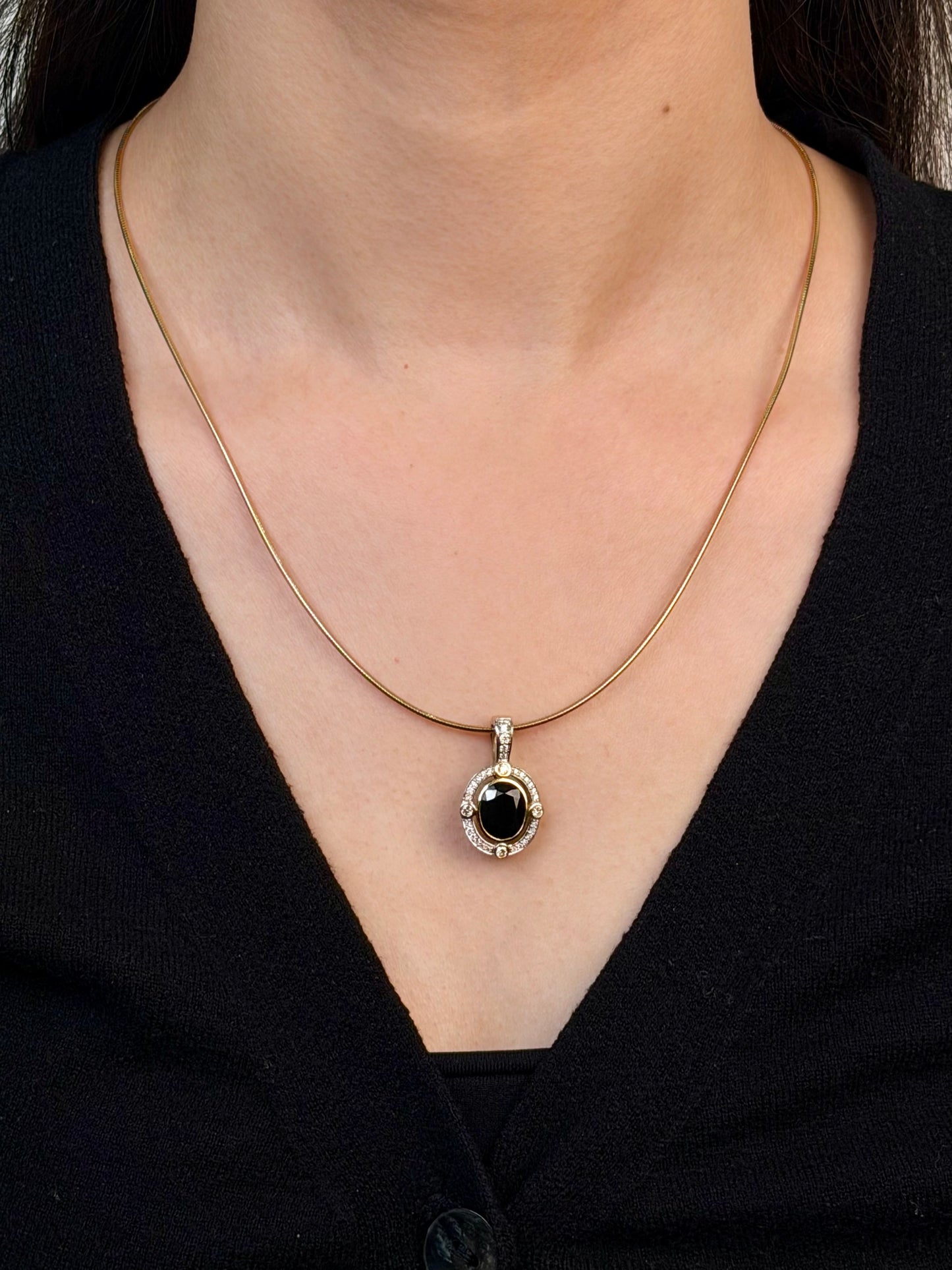Natural Black Sapphire & Diamond Enhancer, 9K Yellow & White Gold