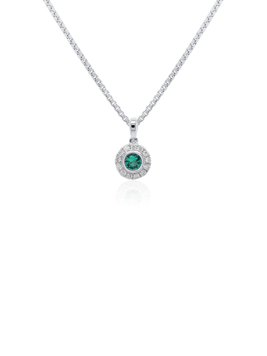 Emerald & Diamond Pendant, 18K White Gold (Silver Chain)