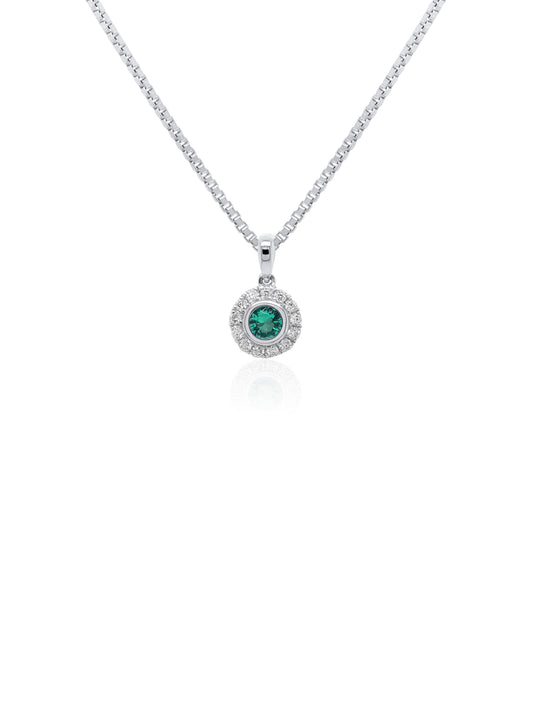 Emerald & Diamond Pendant, 18K White Gold (Silver Chain)