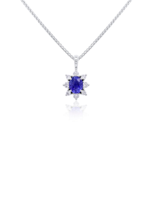 5x4 Oval Sapphire & 0.14 Carat Diamond Cluster Pendant, 9K White Gold