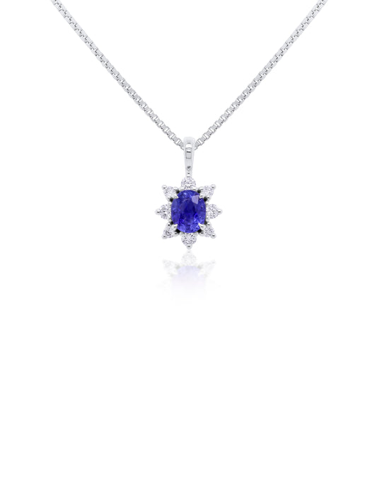 5x4 Oval Sapphire & 0.14 Carat Diamond Cluster Pendant, 9K White Gold