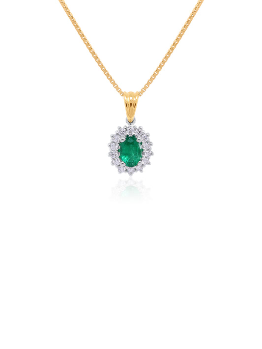 Emerald & Diamond Pendant in 18K Yellow & White Gold (Plated Chain)