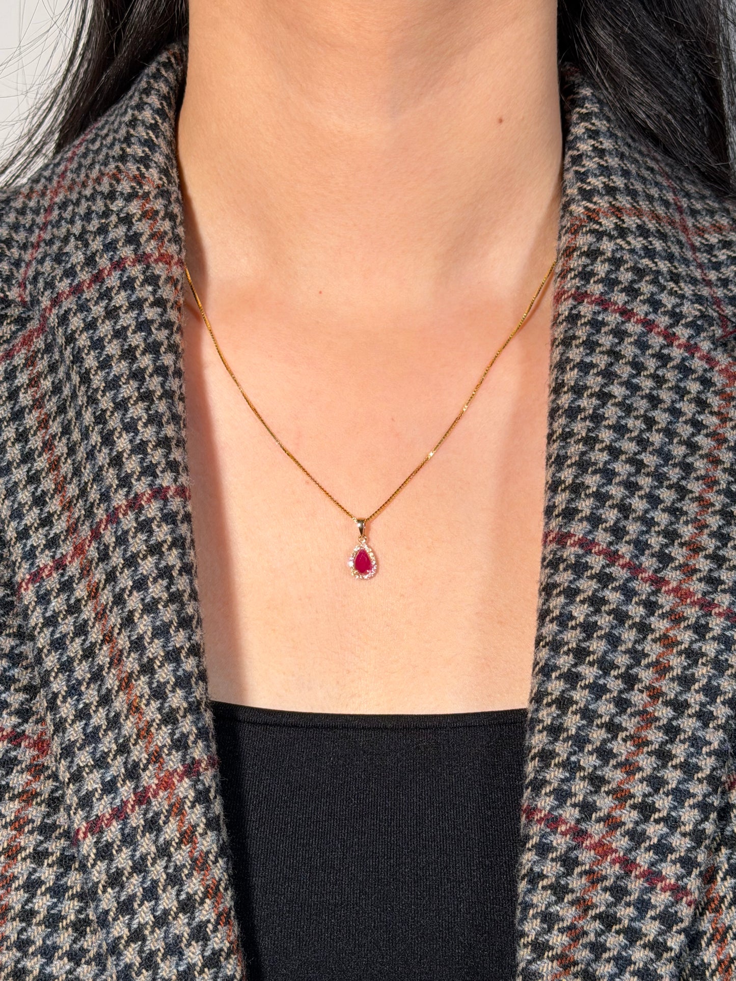 4.5mm Pear Cut Ruby & Diamond Halo Pendant, 9K Yellow Gold