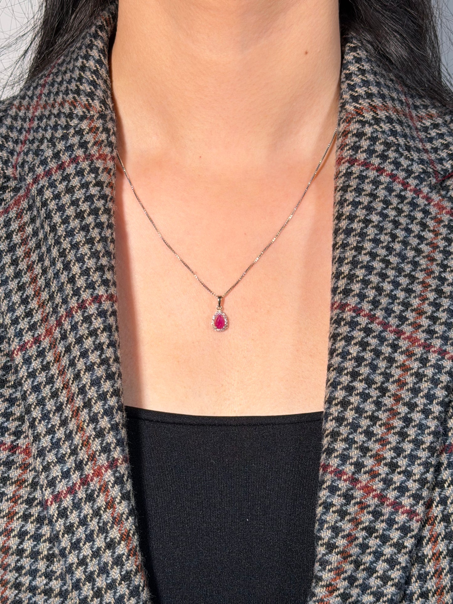 4.6mm Pear Cut Ruby & Diamond Halo Pendant in 9 Carat White Gold