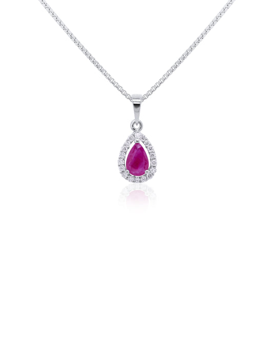 4.6mm Pear Cut Ruby & Diamond Halo Pendant in 9 Carat White Gold
