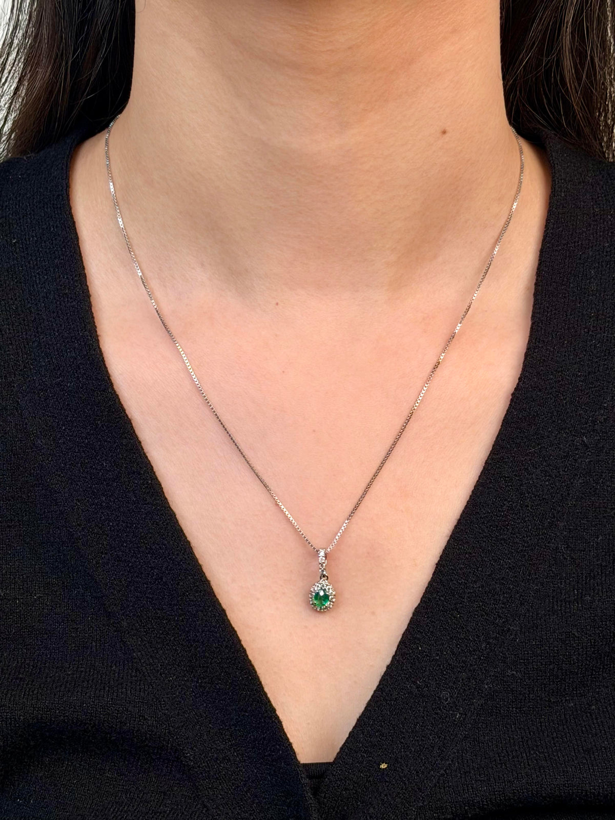 Emerald & Diamond Pendant, 9K White Gold (Silver Chain)