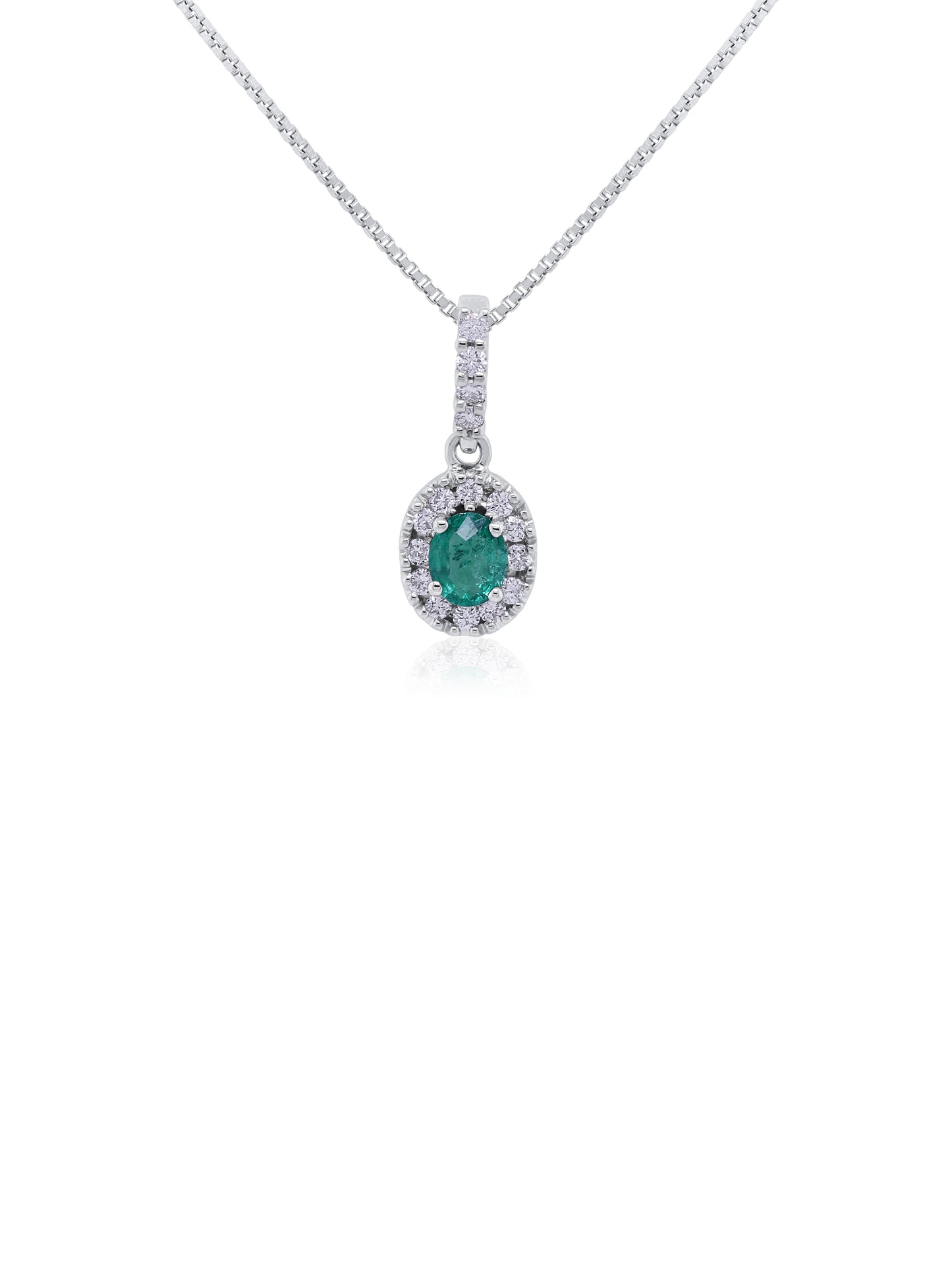 Emerald & Diamond Pendant, 9K White Gold (Silver Chain)