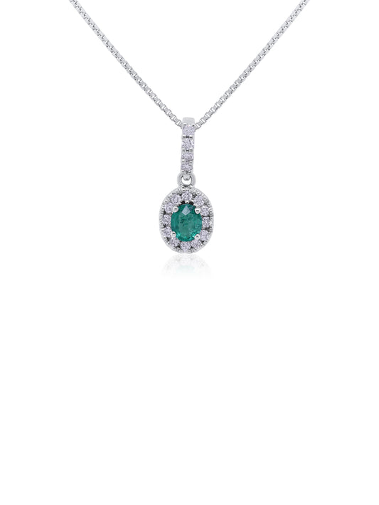 Emerald & Diamond Pendant, 9K White Gold (Silver Chain)