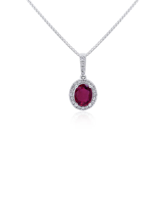 Ruby 5x6mm, 0.71ct & 0.13ct Diamond Pendant in 9 Carat White Gold