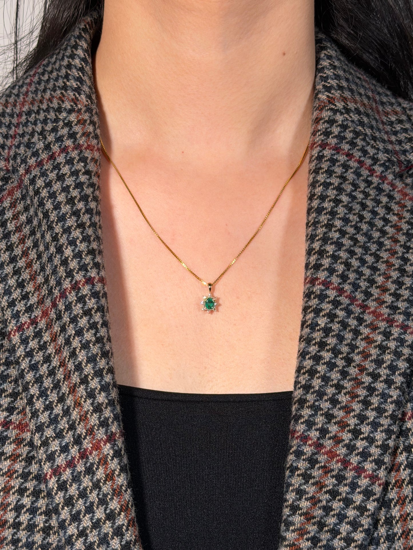 5x4 Oval Emerald & 0.14 Carat Diamond Cluster Pendant, 9K Yellow Gold