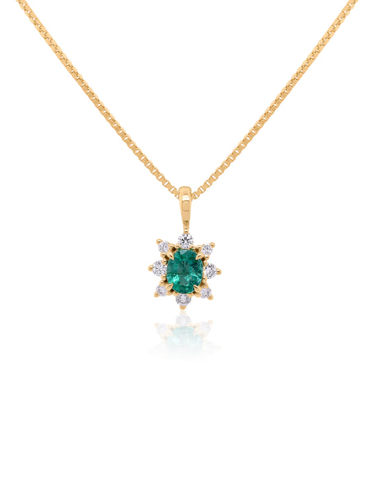 5x4 Oval Emerald & 0.14 Carat Diamond Cluster Pendant, 9K Yellow Gold