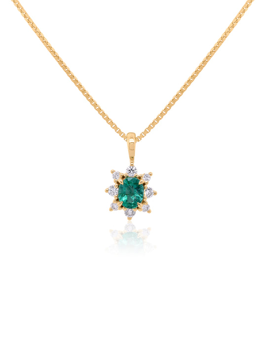 5x4 Oval Emerald & 0.14 Carat Diamond Cluster Pendant, 9K Yellow Gold