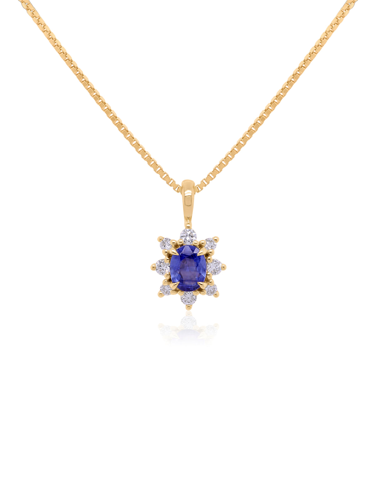 5x4 Oval Sapphire & 0.14 Carat Diamond Cluster Pendant, 9K Yellow Gold