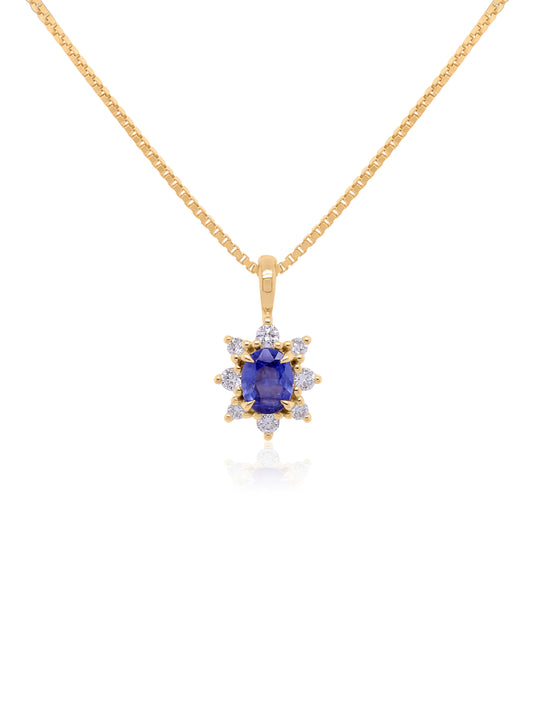 5x4 Oval Sapphire & 0.14 Carat Diamond Cluster Pendant, 9K Yellow Gold