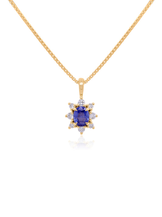 5x4 Oval Sapphire & 0.14 Carat Diamond Cluster Pendant, 9K Yellow Gold