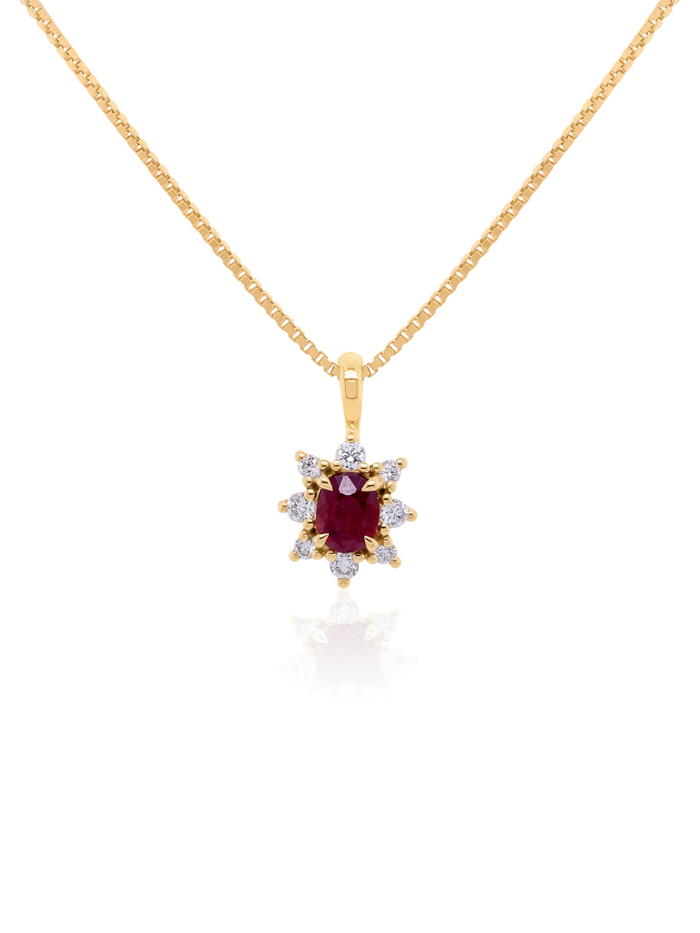 5x4 Oval Ruby & 0.14 Carat Diamond Cluster Pendant in 9k Yellow Gold
