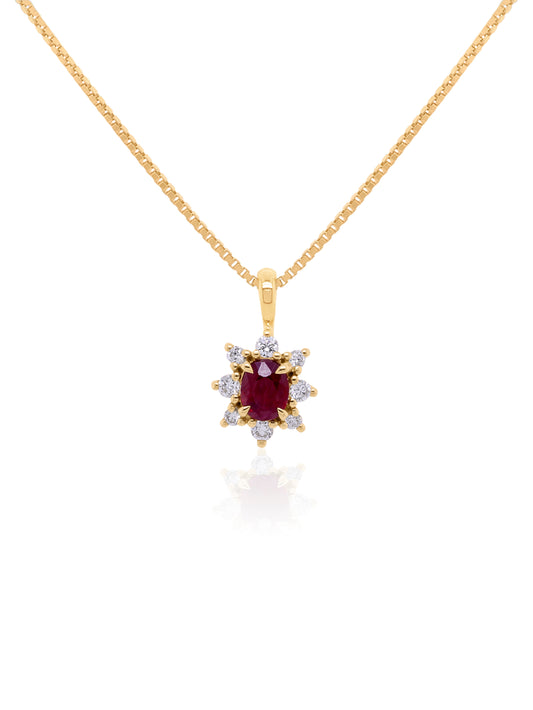 5x4 Oval Ruby & 0.14 Carat Diamond Cluster Pendant in 9k Yellow Gold