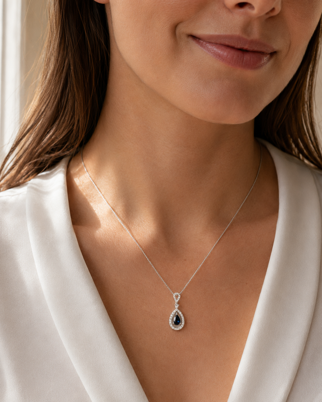 Sapphire 4x6mm, 0.47ct & 0.21ct Diamond Pendant in 9 Carat White Gold