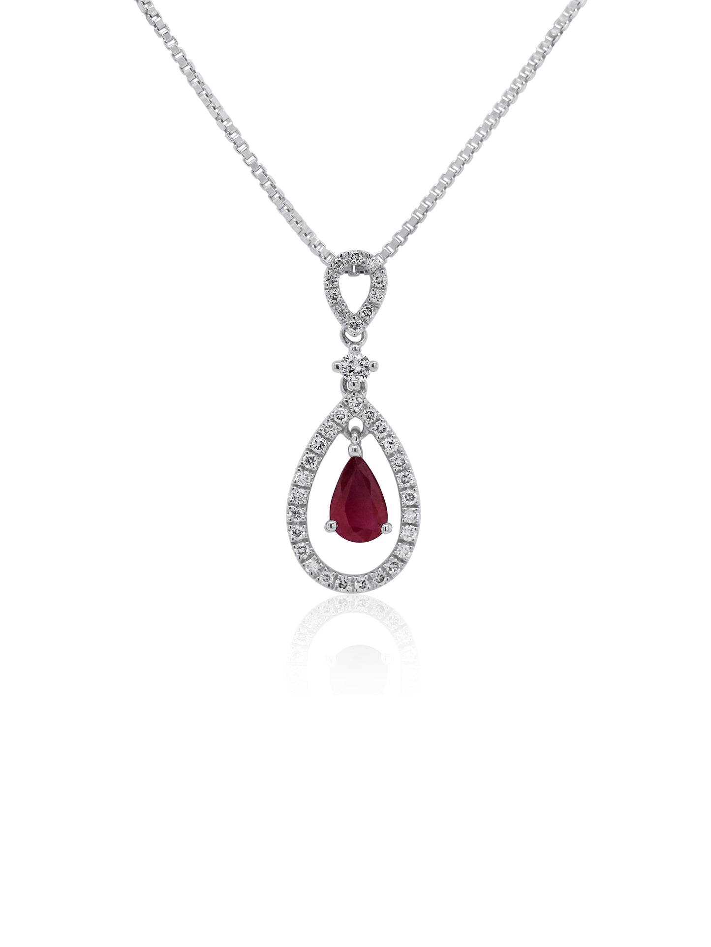Ruby 4x6mm Pear, 0.40ct & 0.21ct Diamond Pendant in 9 Carat White Gold