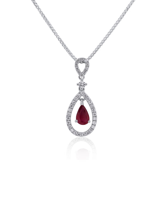 Ruby 4x6mm Pear, 0.40ct & 0.21ct Diamond Pendant in 9 Carat White Gold