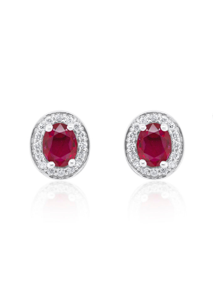 Natural Ruby & Diamond Halo Stud Earring, 9K Yellow Gold.