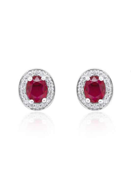 Natural Ruby & Diamond Halo Stud Earring, 9K Yellow Gold.