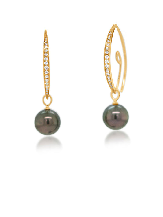 Tahitian & Diamond Earrings, 18K Yellow Gold