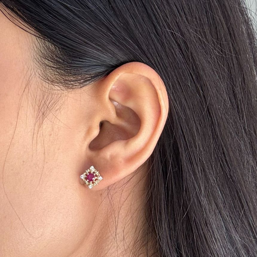 3.50mm Ruby & 0.10 Carat Diamond Earrings in 9 Carat Yellow Gold