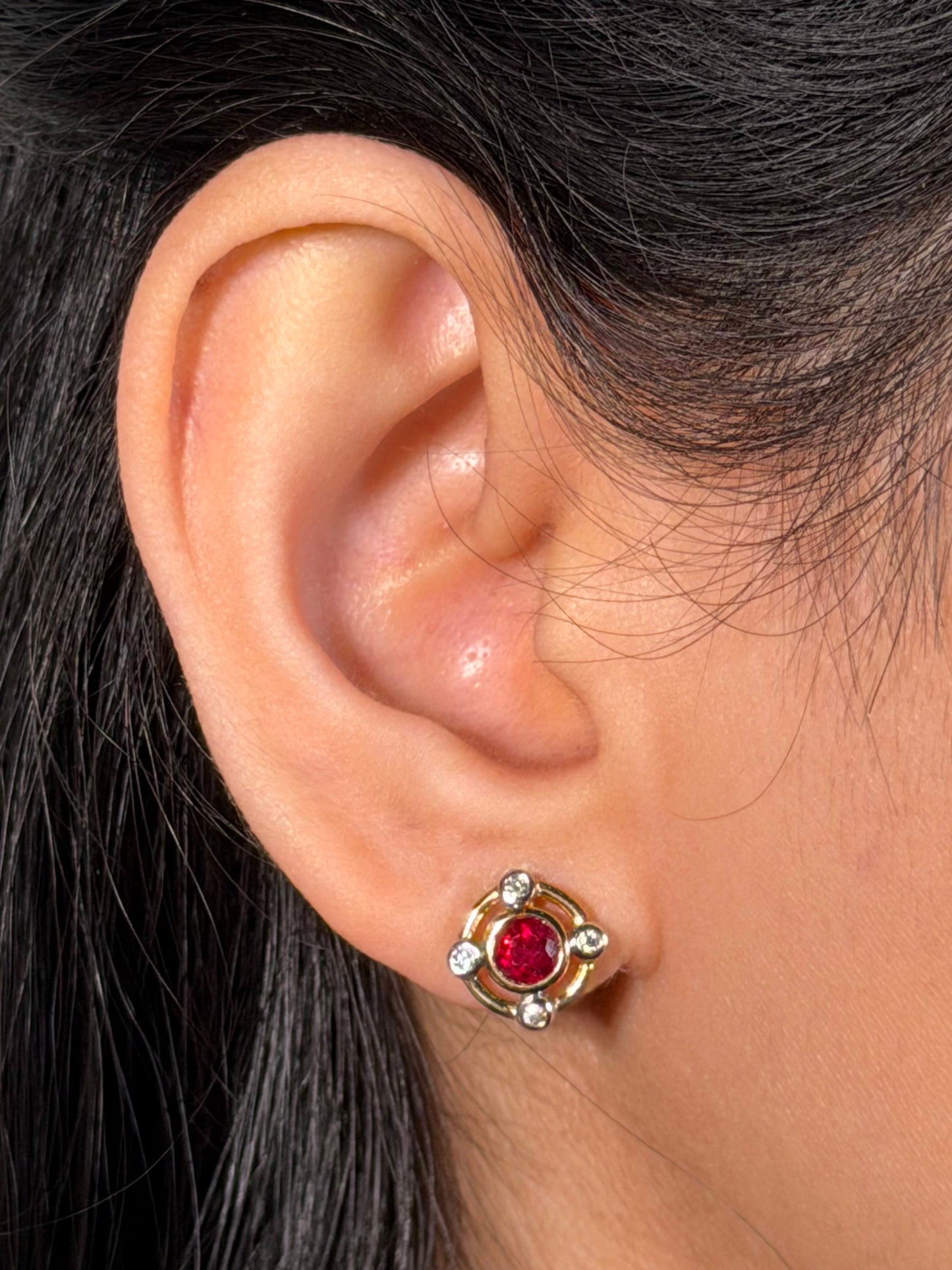 4.5mm Ruby & 0.12 Carat Diamond Bezel Set Earrings in 9K Yellow Gold