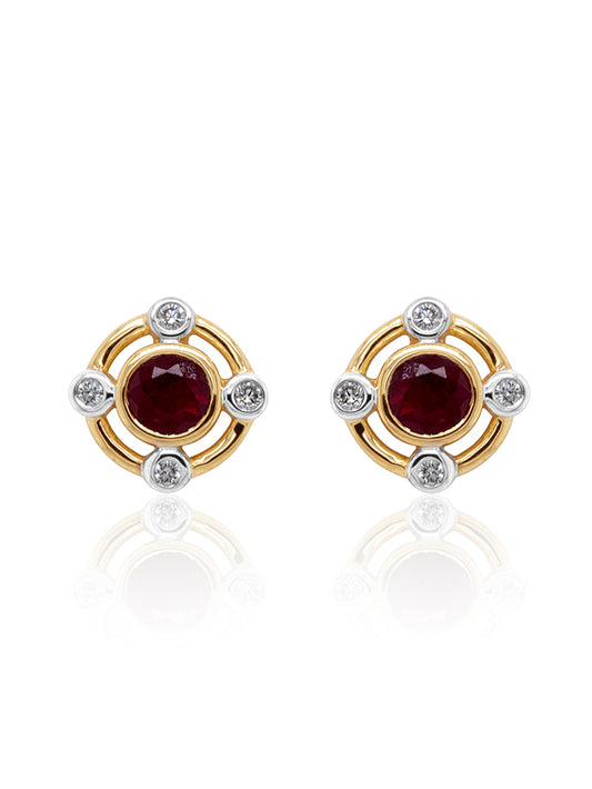 4.5mm Ruby & 0.12 Carat Diamond Bezel Set Earrings in 9K Yellow Gold